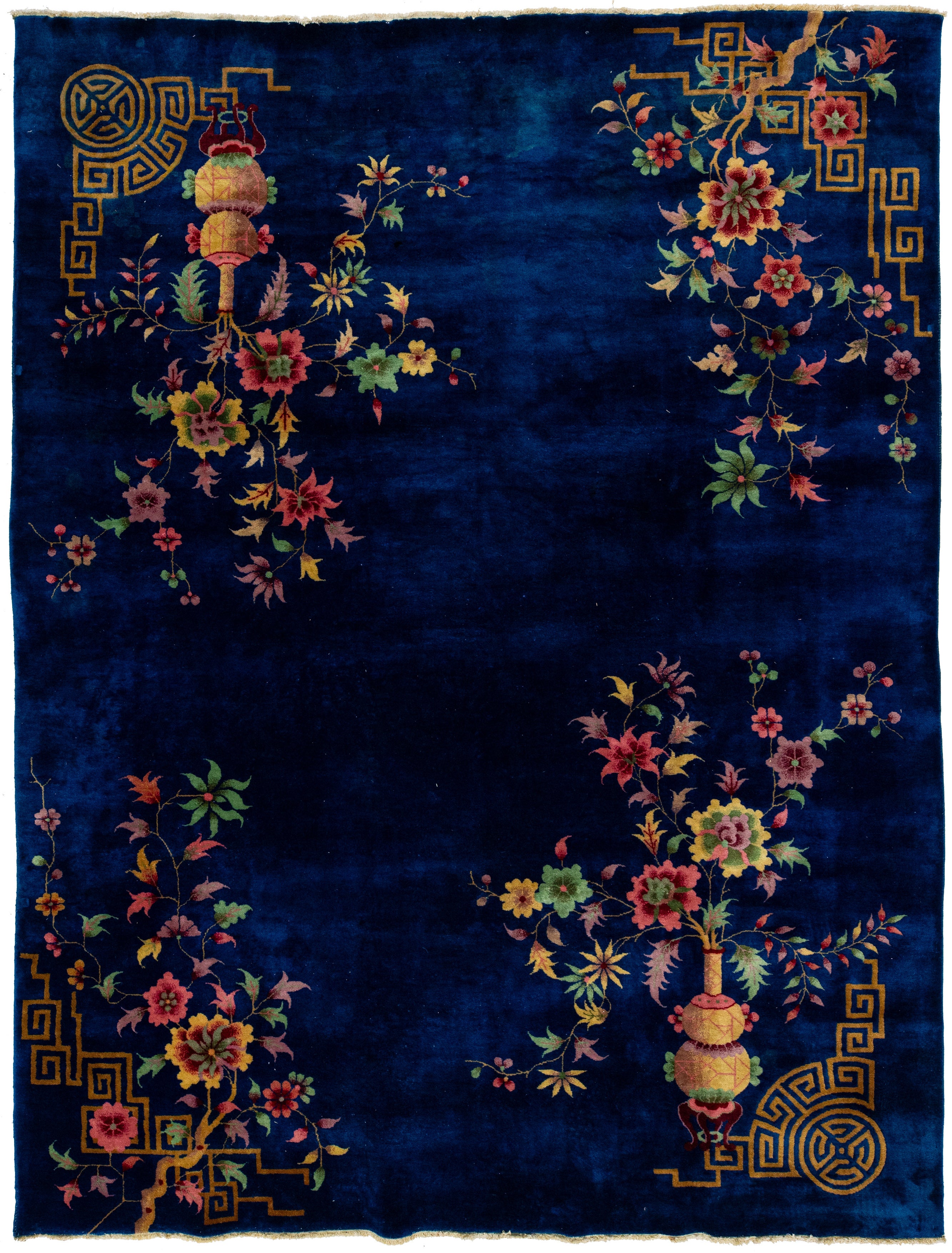 Antique Chinese Art Deco Wool Rug Handmade In Blue with Floral Design For Sale