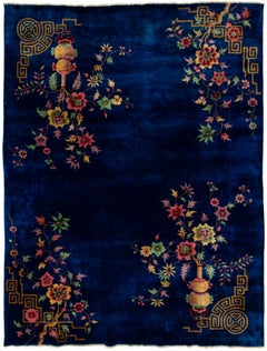 Antique Chinese Art Deco Wool Rug Handmade In Blue with Floral Design