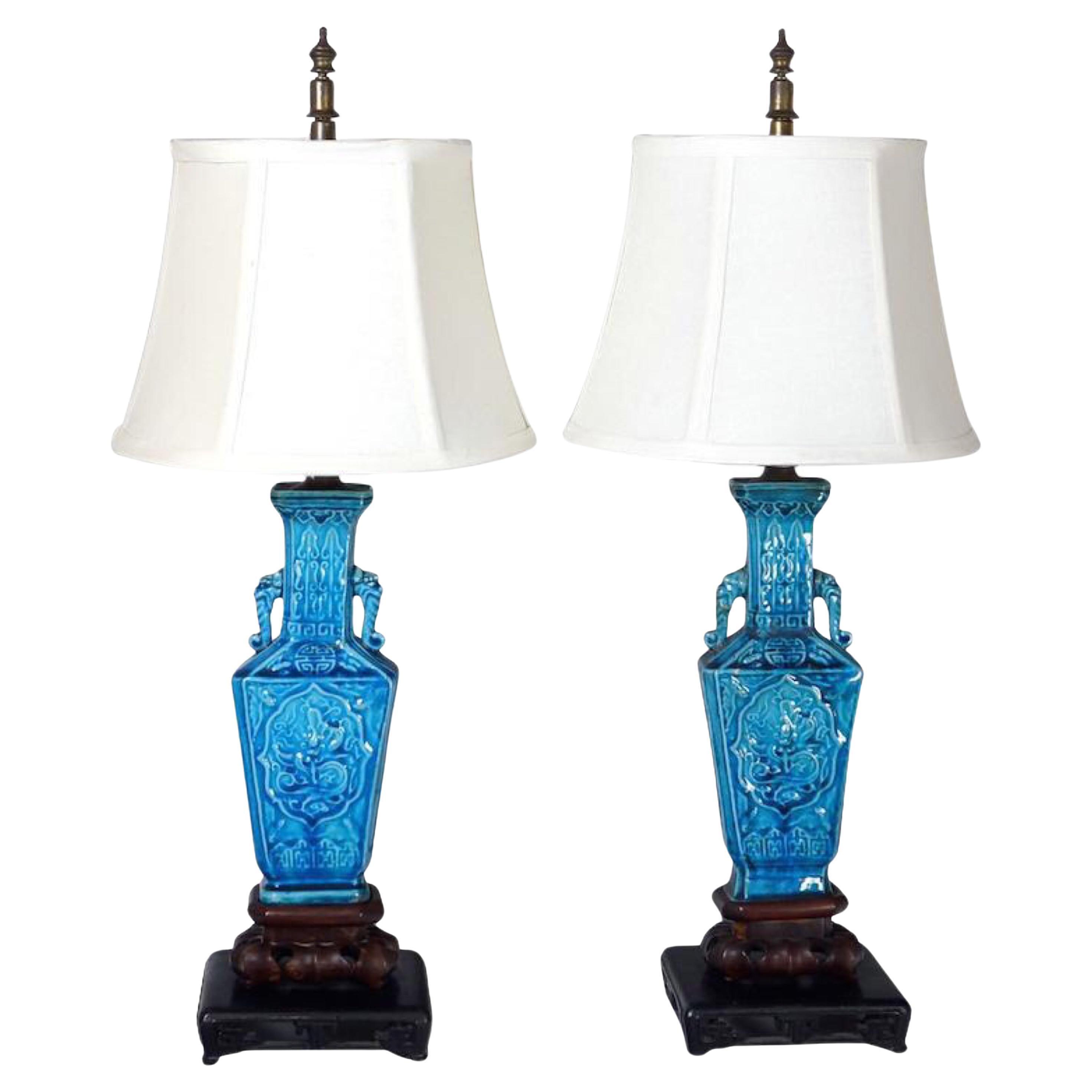 Pair of Vintage Ralph Lauren Chinese Pottery Lamps in Robin's Egg Blue