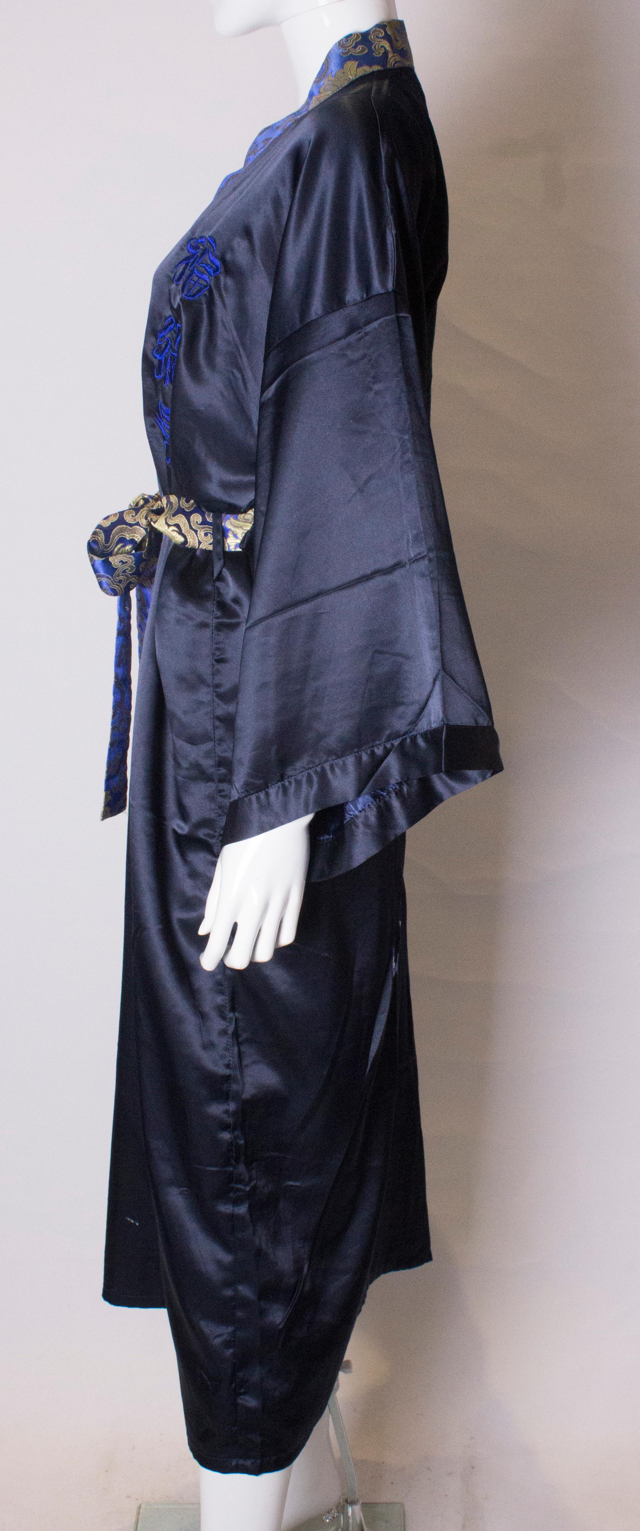 Black Vintage Blue Chinese Silk Dressing Gown