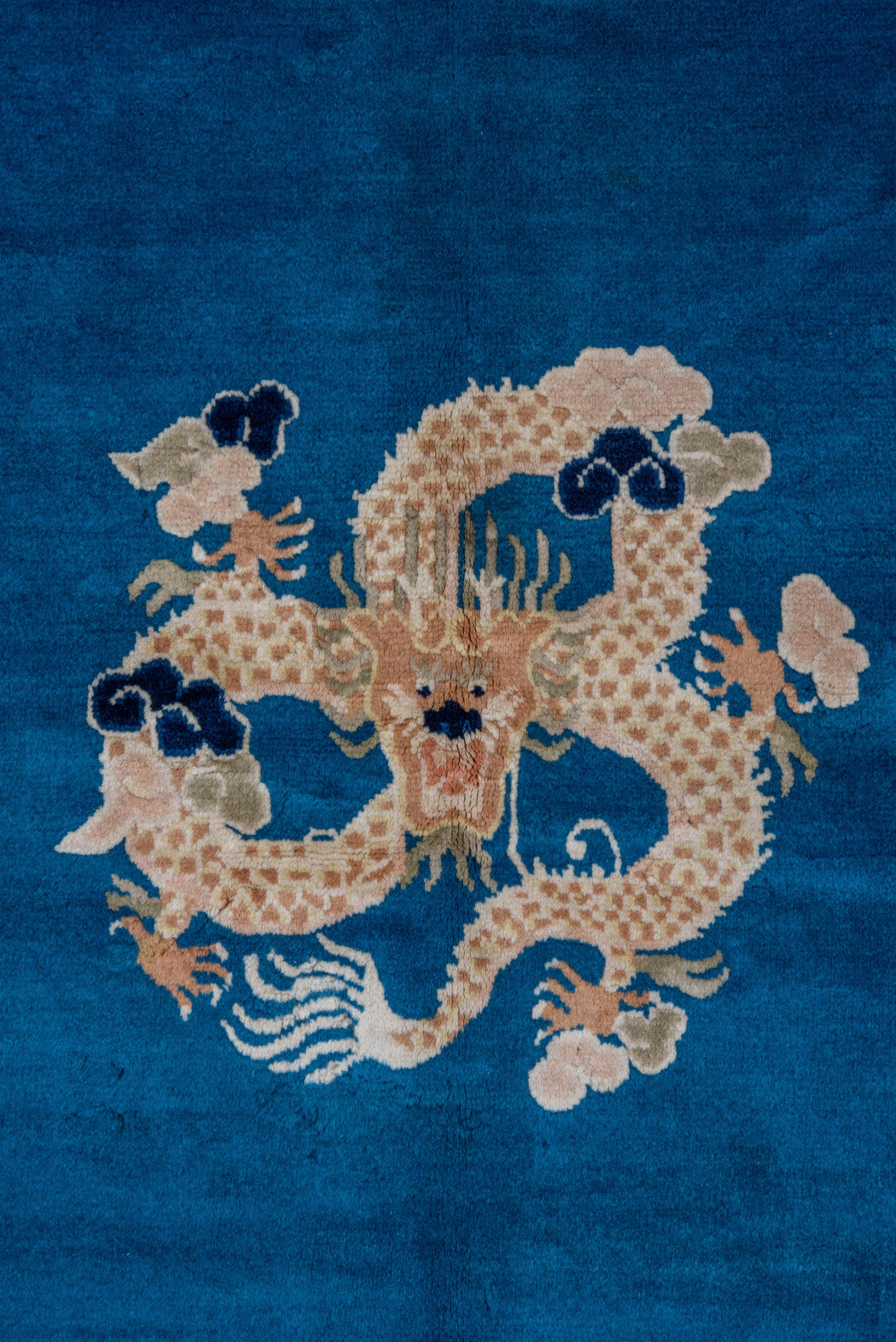 Chinese Export Vintage Blue Chinese Square Rug, Unique Dragon Design, circa 1960s For Sale