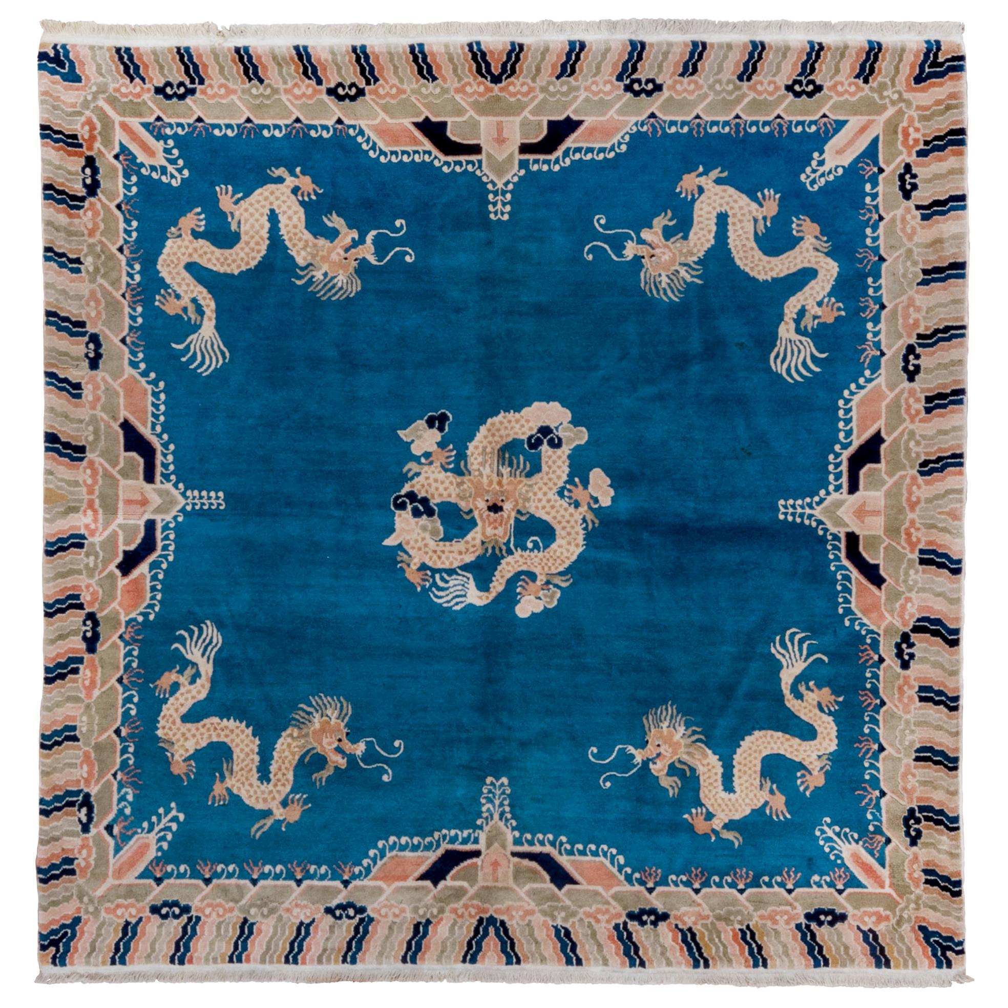 Vintage Blue Chinese Square Rug, Unique Dragon Design, circa 1960s For Sale