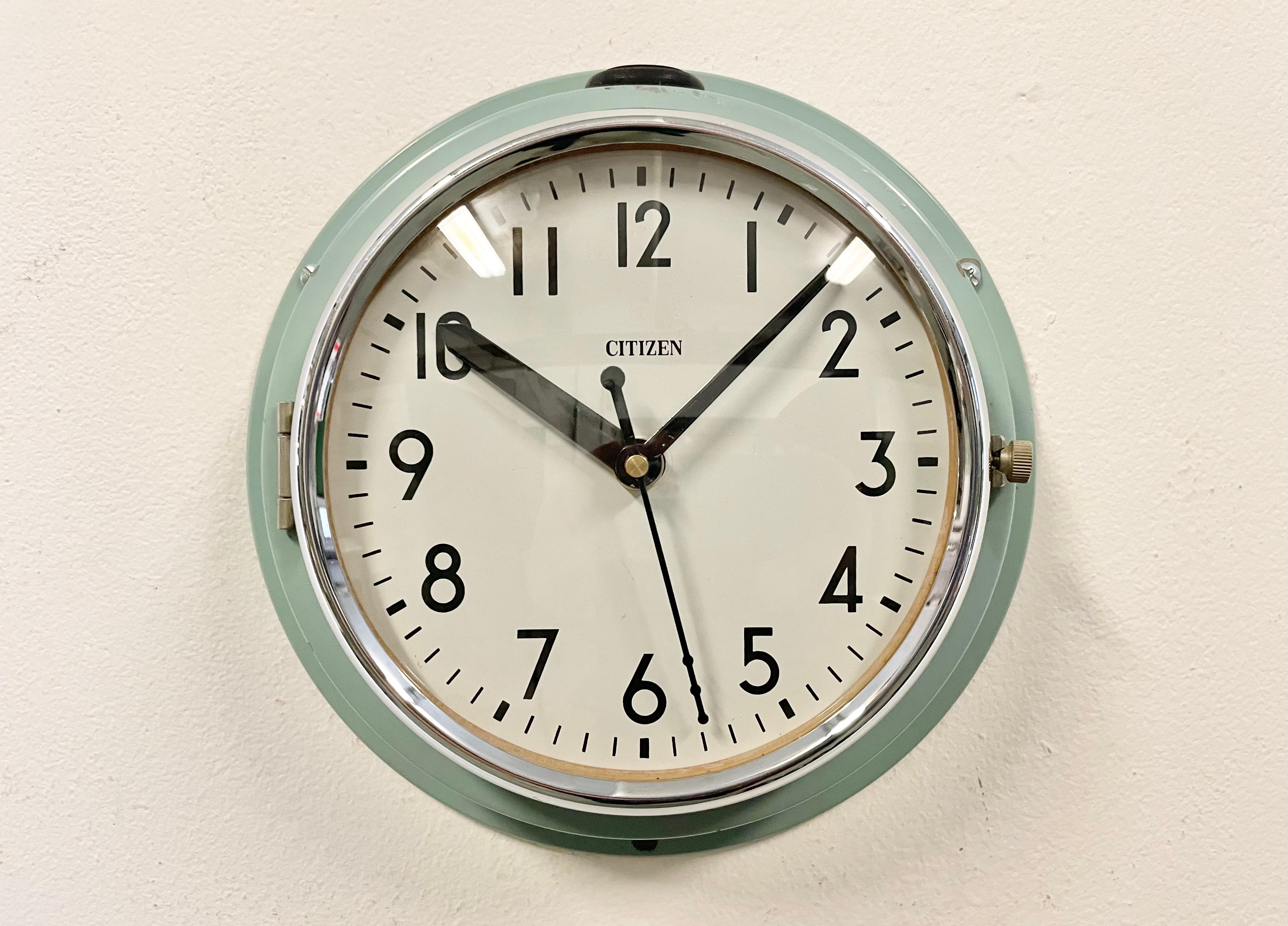 Vintage Citizen navy slave clock designed during the 1970s and produced till 1990s. These clocks were used on large Japanese tankers and cargo ships. It features a light blue metal frame, a plastic dial and curved clear glass cover. This item has