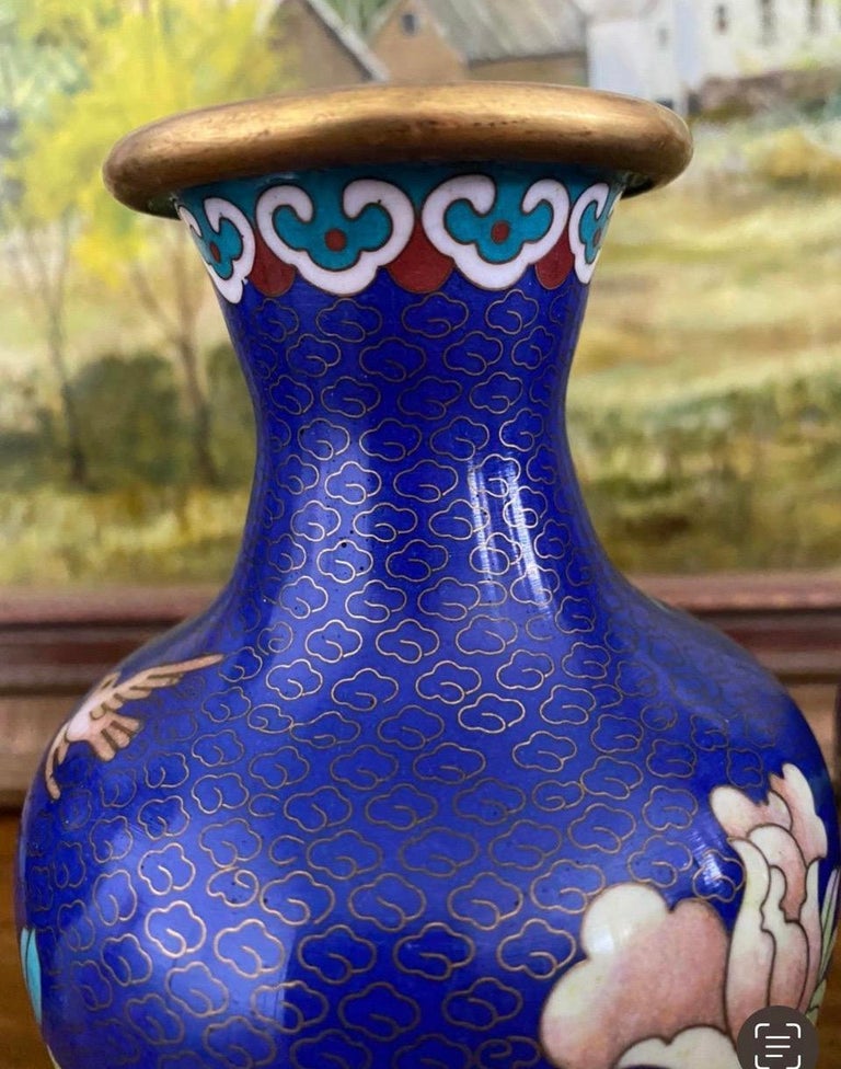 Vintage Blue Cloisonné Vases A Pair For Sale at 1stDibs