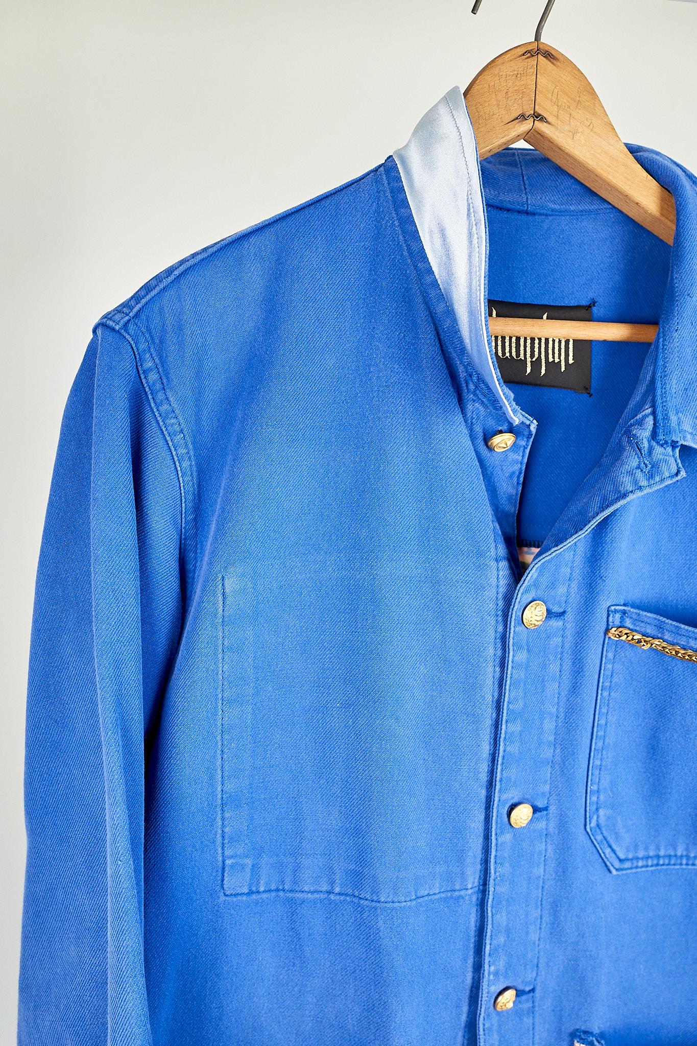 Vintage Blue Cobalt Jacket French Work Wear French Tweed Back Silver Chain Braid In New Condition In Los Angeles, CA