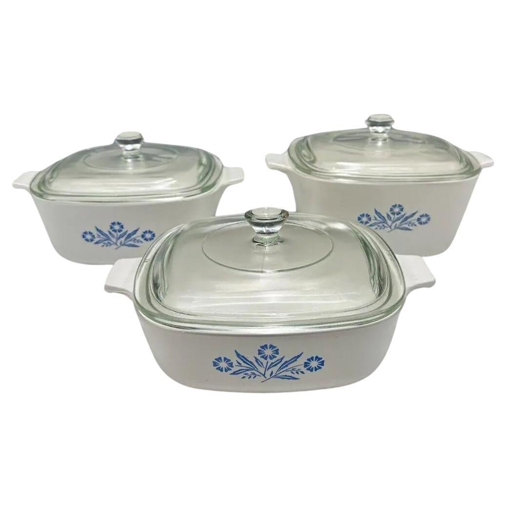 Vintage Blue Corning Ware Cornflower Casseroles With Pyrex Glass Lids - Set of 3