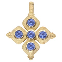 Vintage 14 Karat Croix grecque bleu saphir naturel or jaune massif