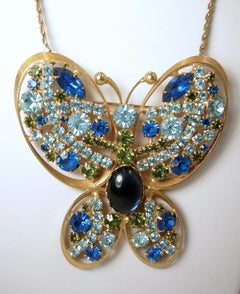 Vintage Blue Crystal Butterfly Brooch/Pendant Necklace