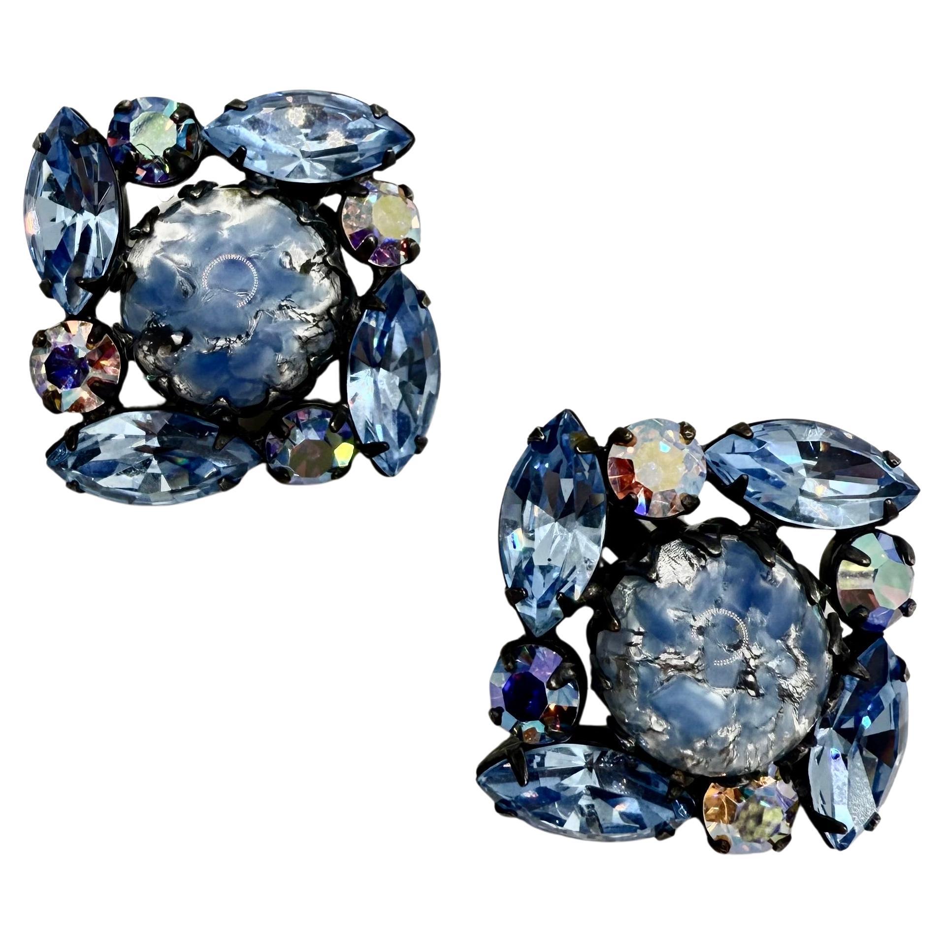 Pendientes vintage de clip de cristal azul, estilo austriaco de los años 50 en venta