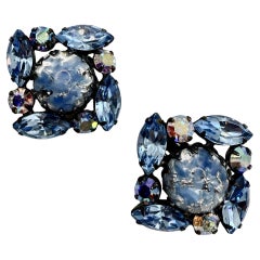 Pendientes vintage de clip de cristal azul, estilo austriaco de los años 50