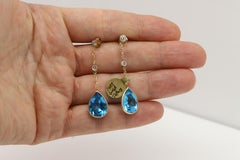 Blauer Ohrring mit Topas und Diamanten, baumelnde Ohrringe, 14 Karat