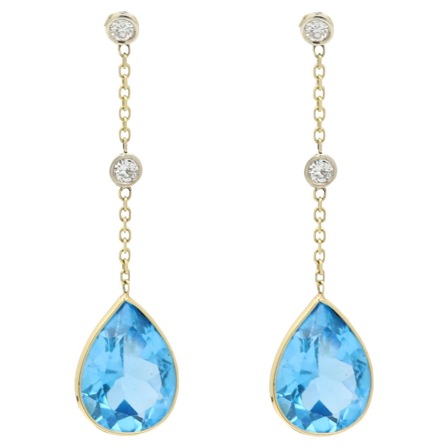 Pendientes colgantes vintage de topacio azul y diamantes Pendientes colgantes de 14 quilates