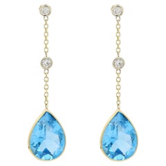 Vintage Blue Dangle Topaz and Diamonds Earring Dangling Earrings 14 karat