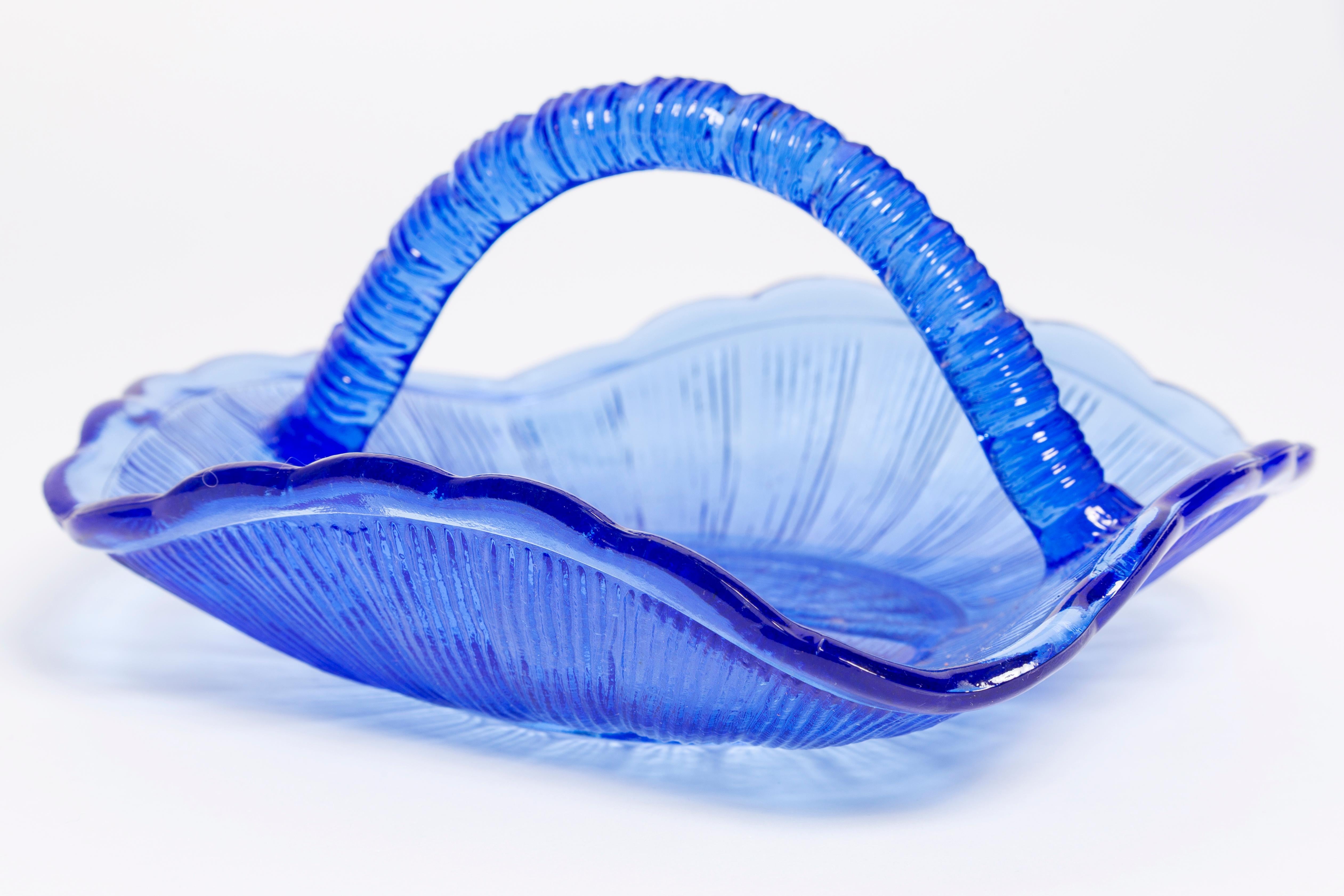 Polish Vintage Blue Decorative Glass Basket Bowl, Drost, Europe, 1960s For Sale