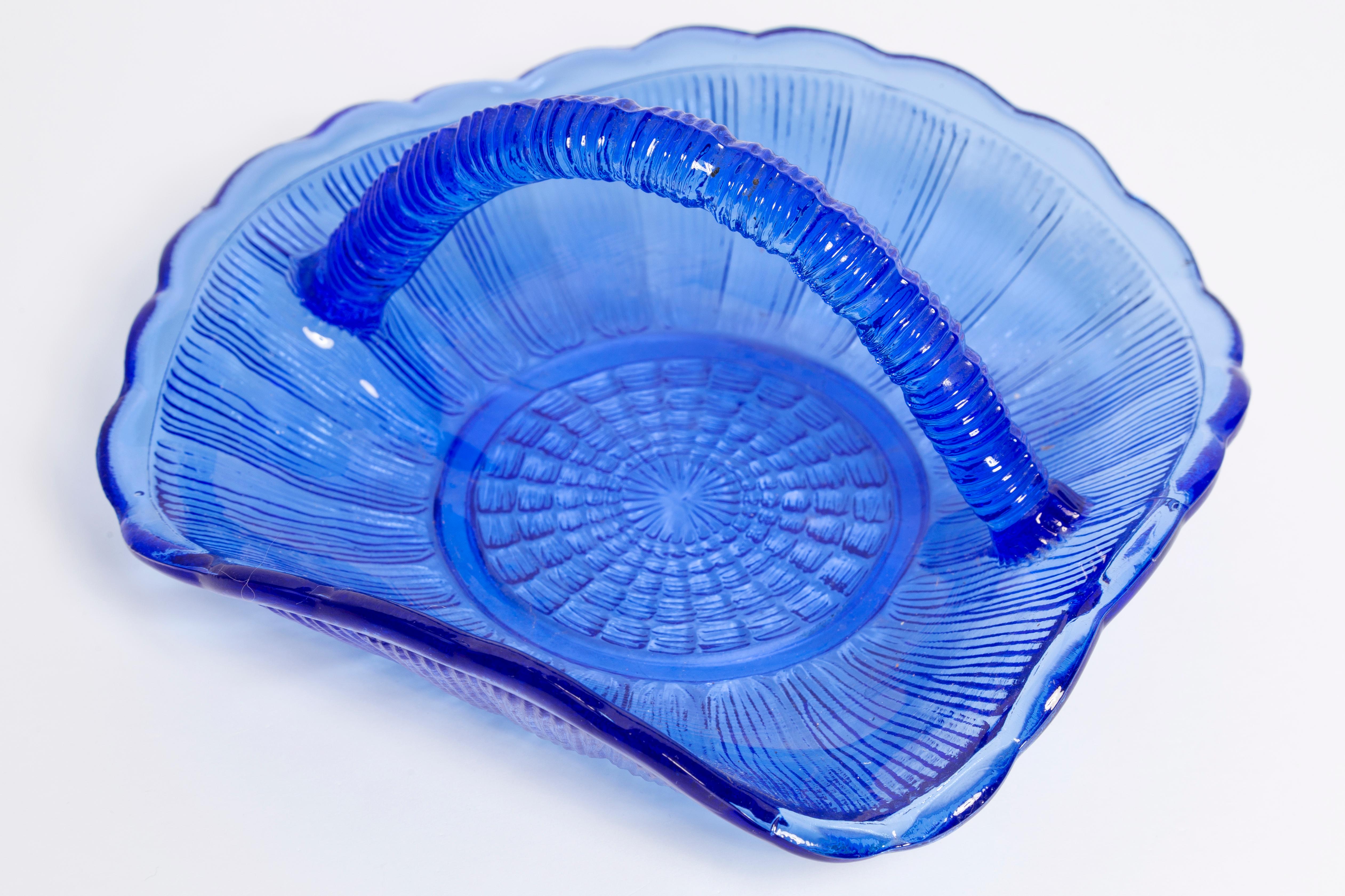 Vintage Blue Decorative Glass Basket Bowl, Drost, Europe, 1960s In Excellent Condition For Sale In 05-080 Hornowek, PL