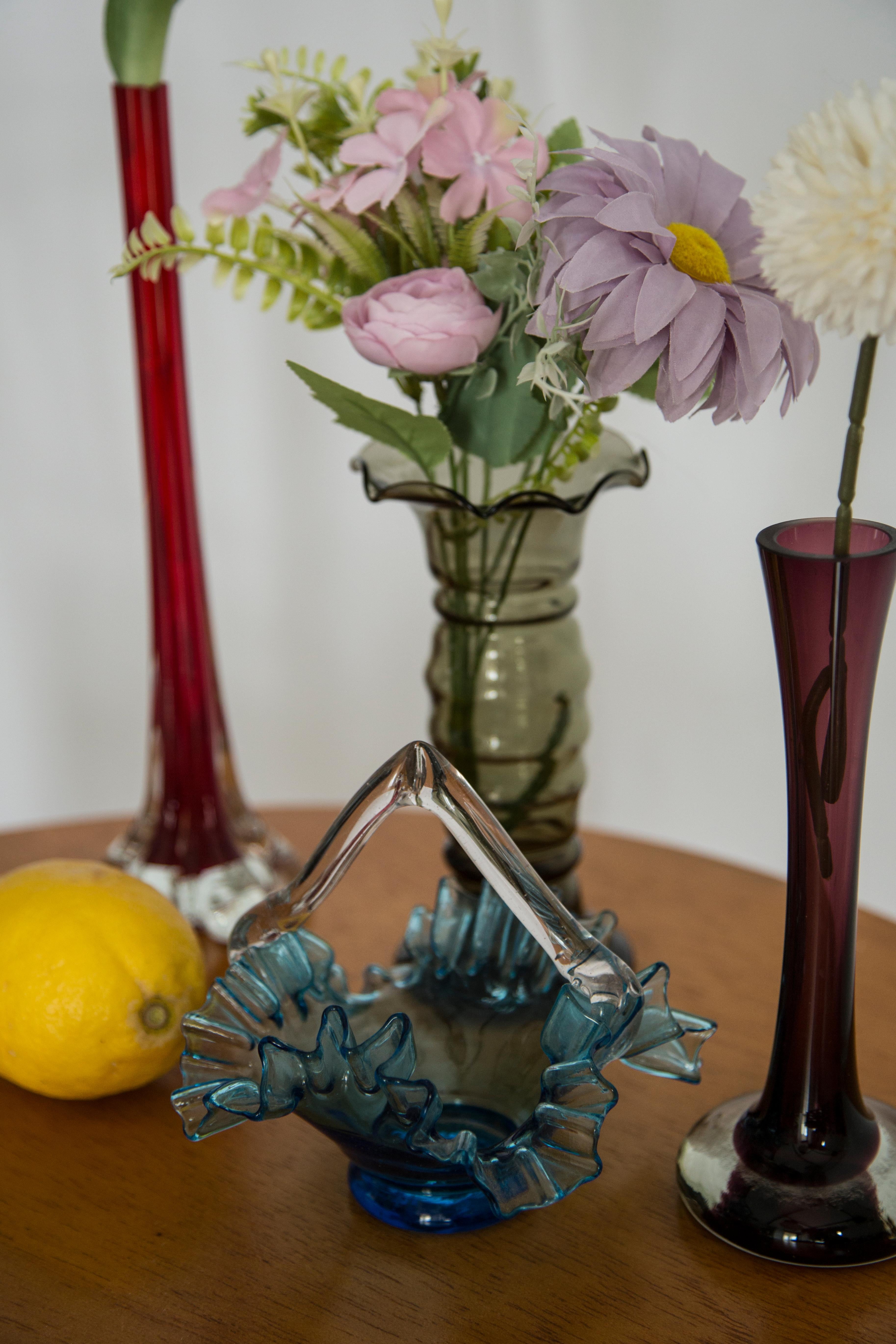 Polish Vintage Blue Decorative Glass Basket Frill Bowl, Drost, Europe, 1960s For Sale