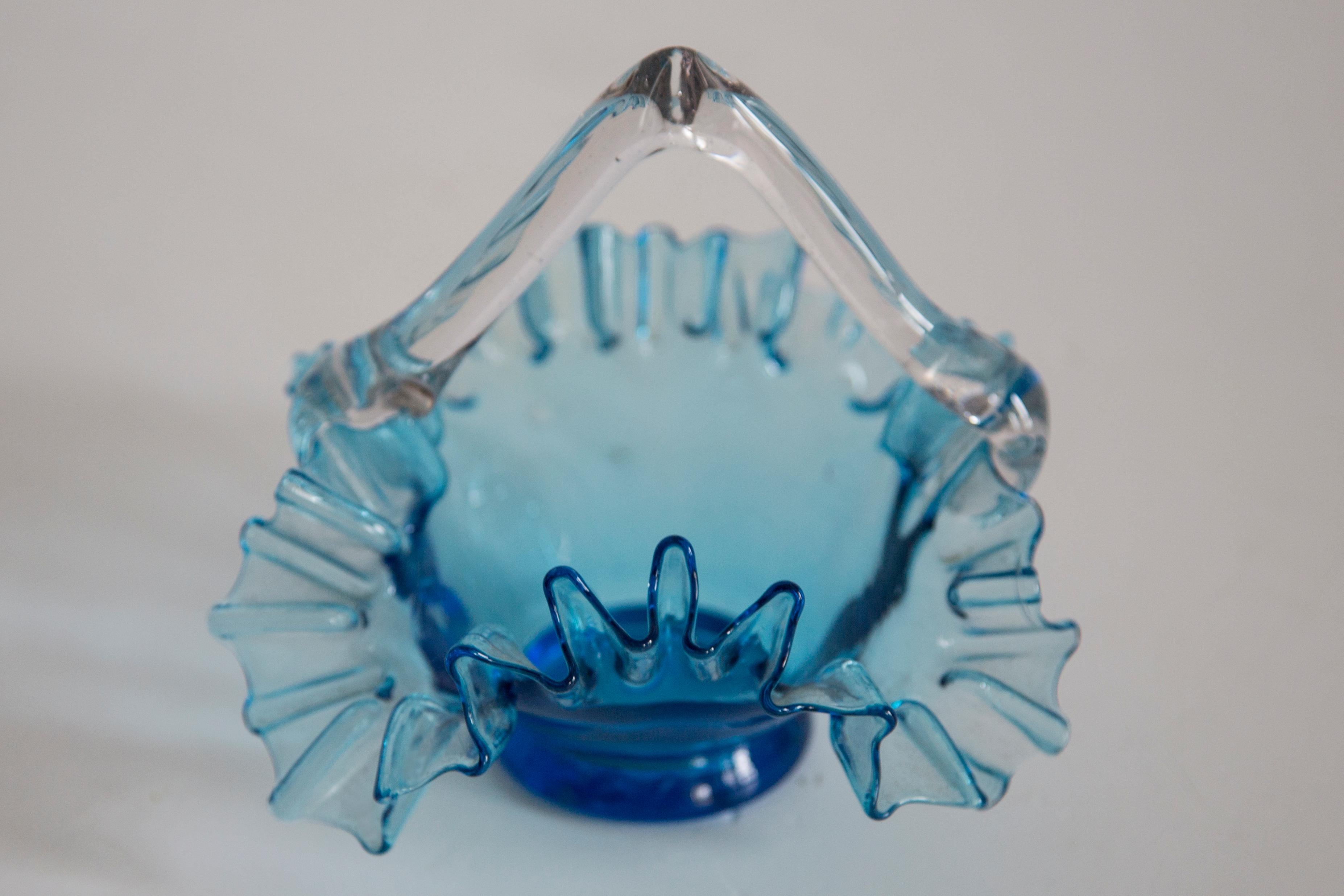 20th Century Vintage Blue Decorative Glass Basket Frill Bowl, Drost, Europe, 1960s For Sale