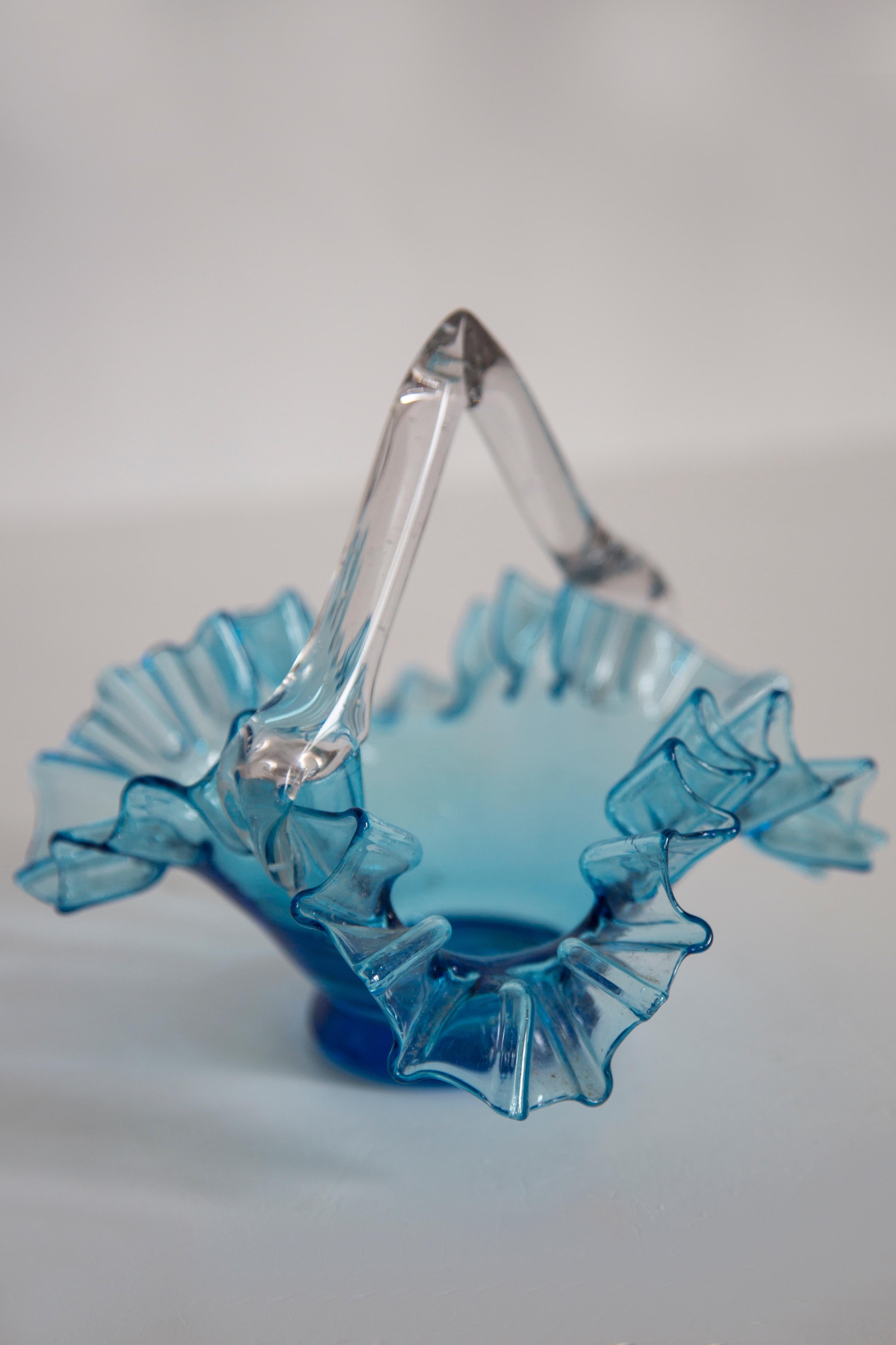 Vintage Blue Decorative Glass Basket Frill Bowl, Drost, Europe, 1960s For Sale 1