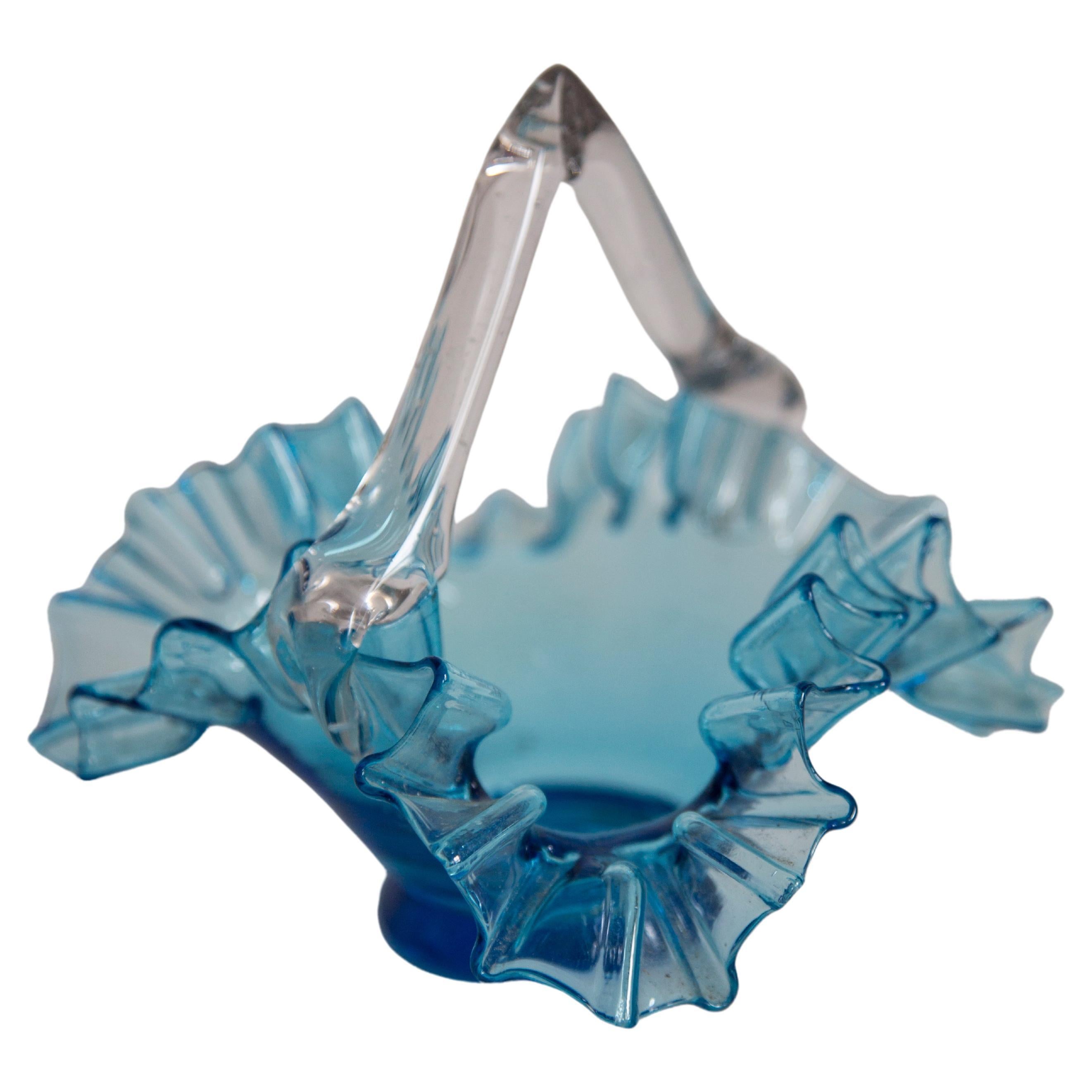 Vintage Blue Decorative Glass Basket Frill Bowl, Drost, Europe, 1960s For Sale