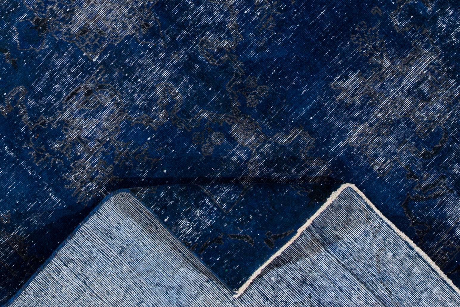 Hand-Knotted Vintage Blue Distressed Overdyed Rug