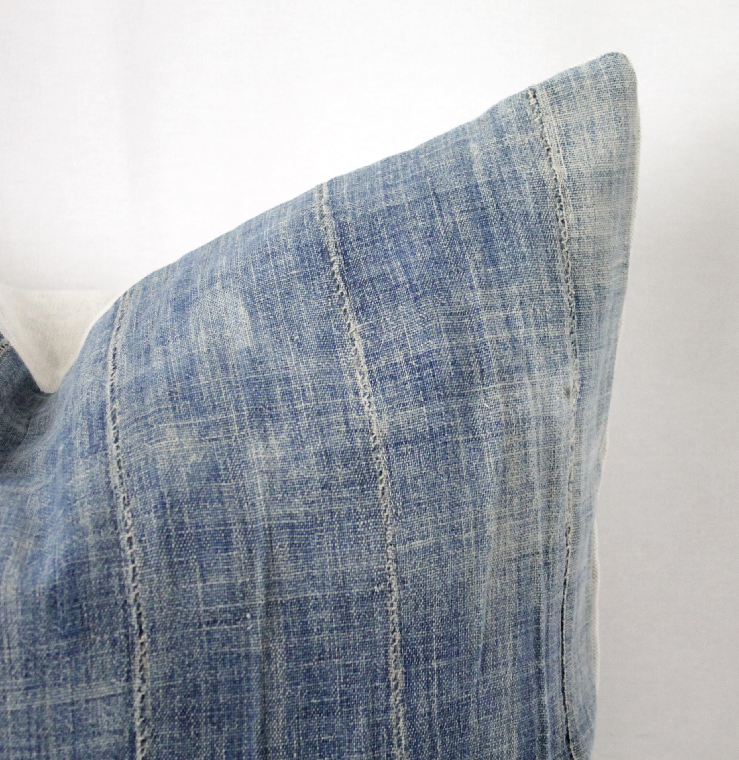 20th Century Vintage Blue Distressed Pillow with Vertical Seams 