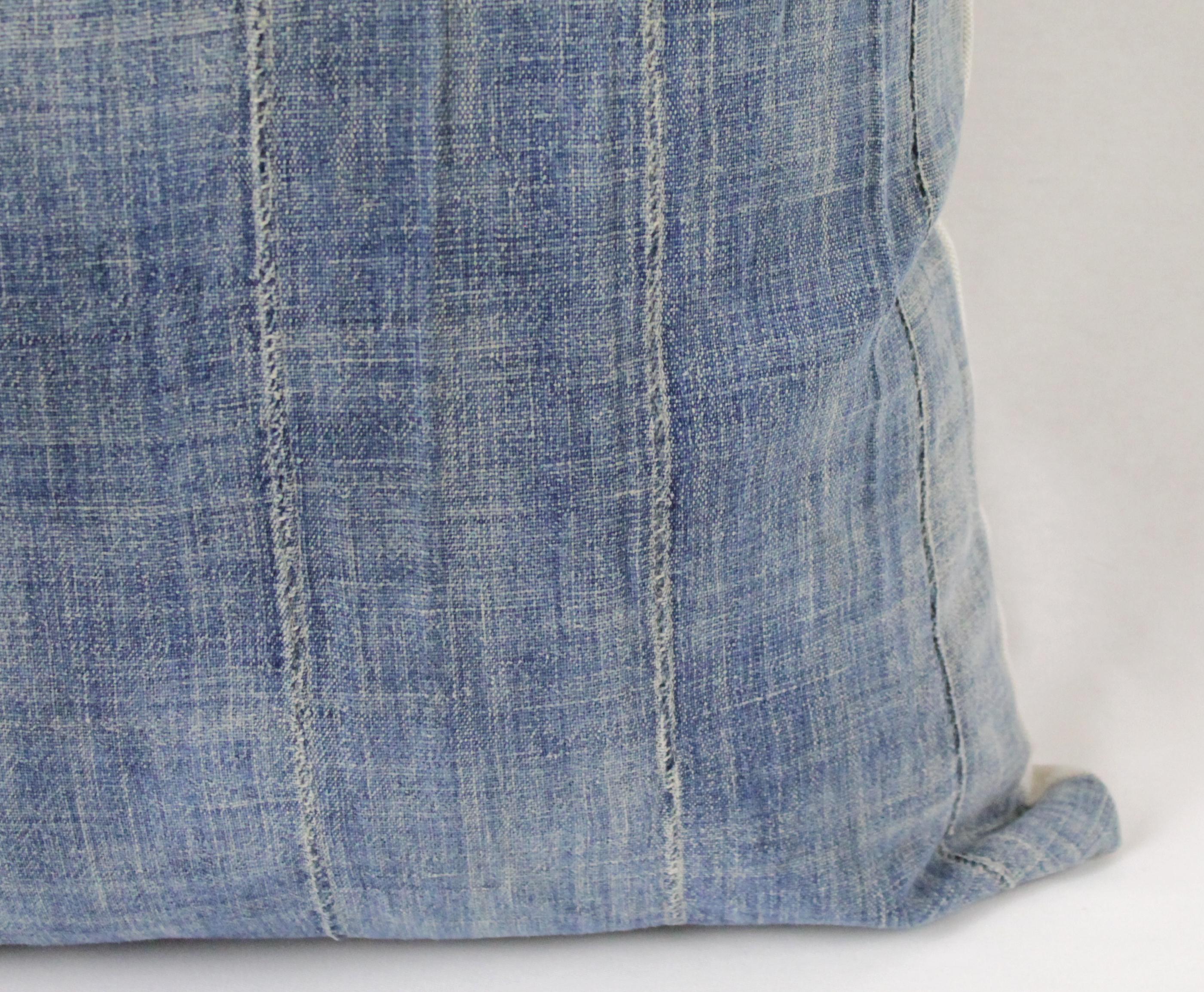 Cotton Vintage Blue Distressed Pillow with Vertical Seams 