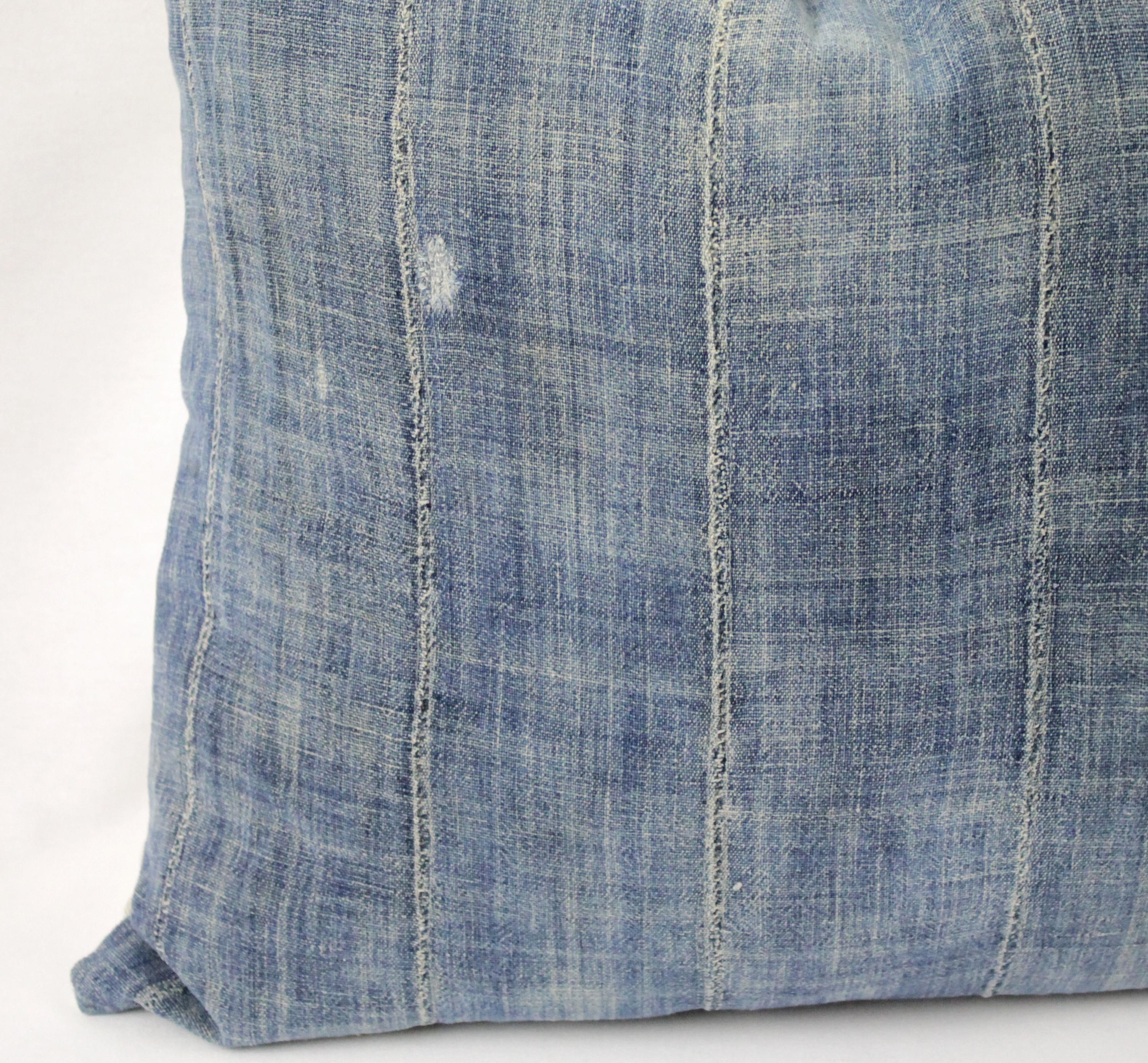 Vintage Blue Distressed Pillow with Vertical Seams  1