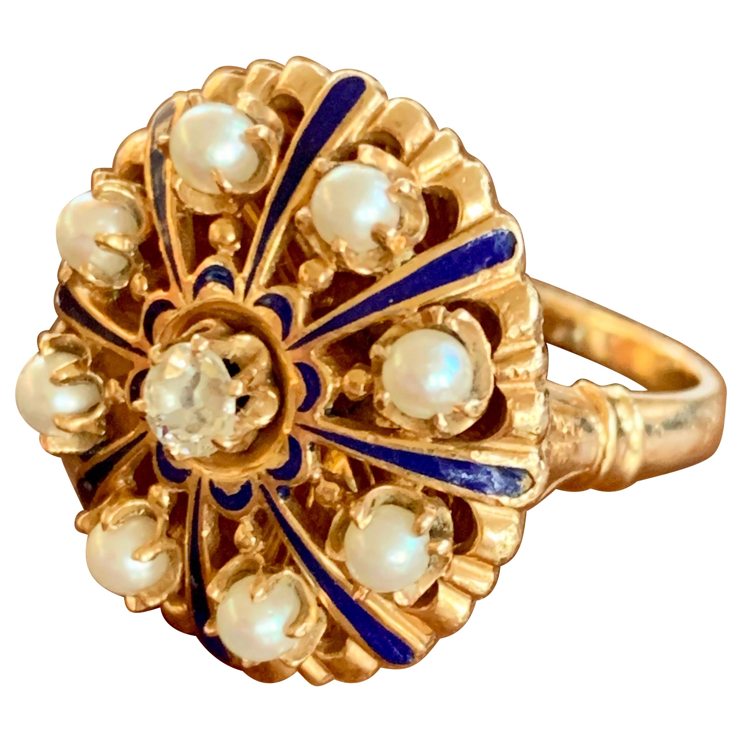 Vintage Blue Enamel and Euro Cut Diamond 14 Karat Yellow Gold Ring