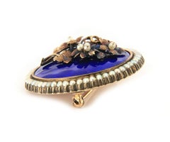 Vintage Blue Enamel and Seeded Pearl Brooch in 14K Yellow Gold
