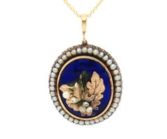 Vintage Blue Enamel and Seeded Pearl Flower Pendant Necklace in 14K Yellow Gold