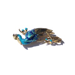 Vintage Blue Enamel and Turquoise Crane Gold Pin