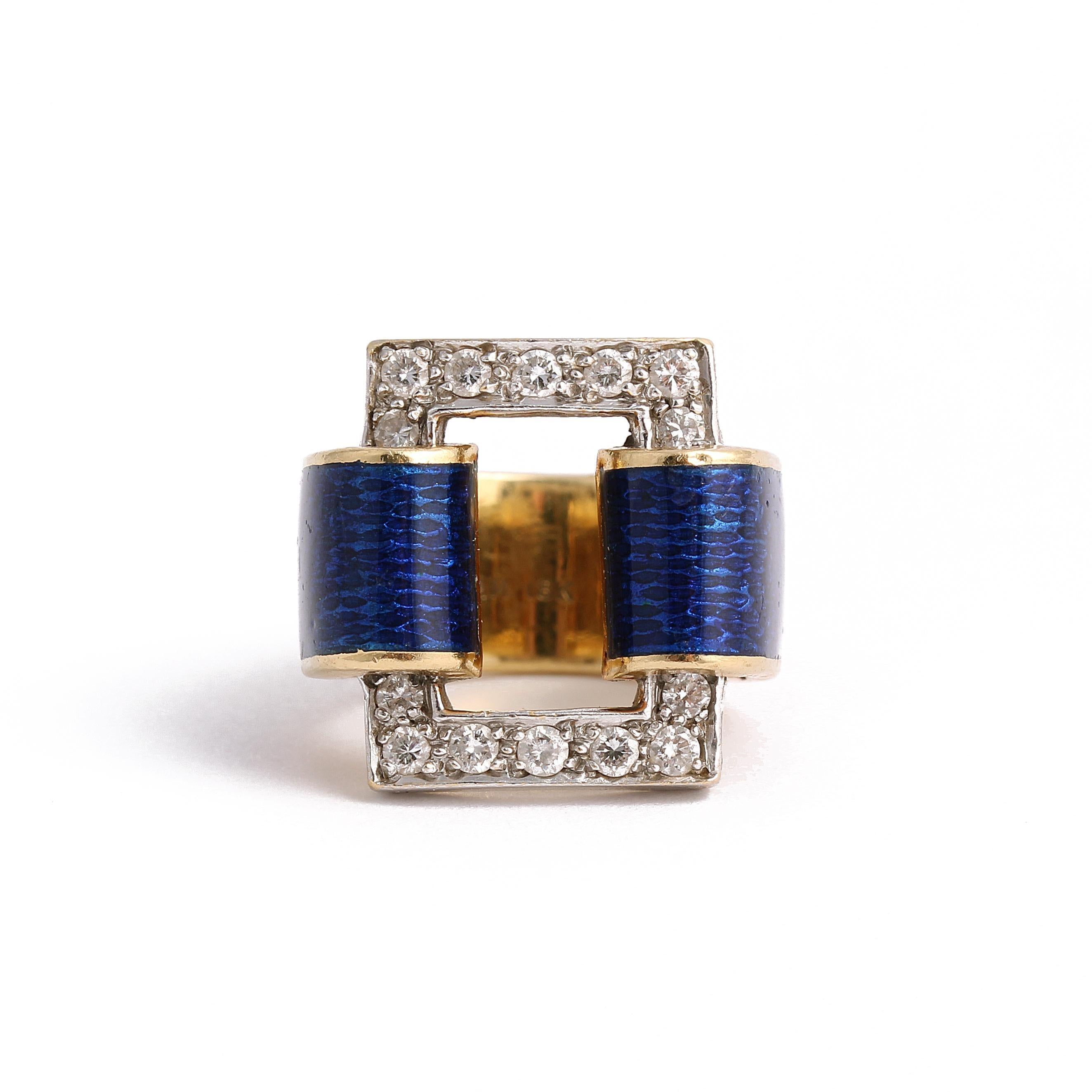 
This stunning 18k vintage ring features vibrant blue enamel and over 1 carat of dazzling white diamonds, making it a true showstopper. With a ring size of 4 3/4 (sizable) and a weight of 19.4 grams, it’s a substantial piece designed to stand out.