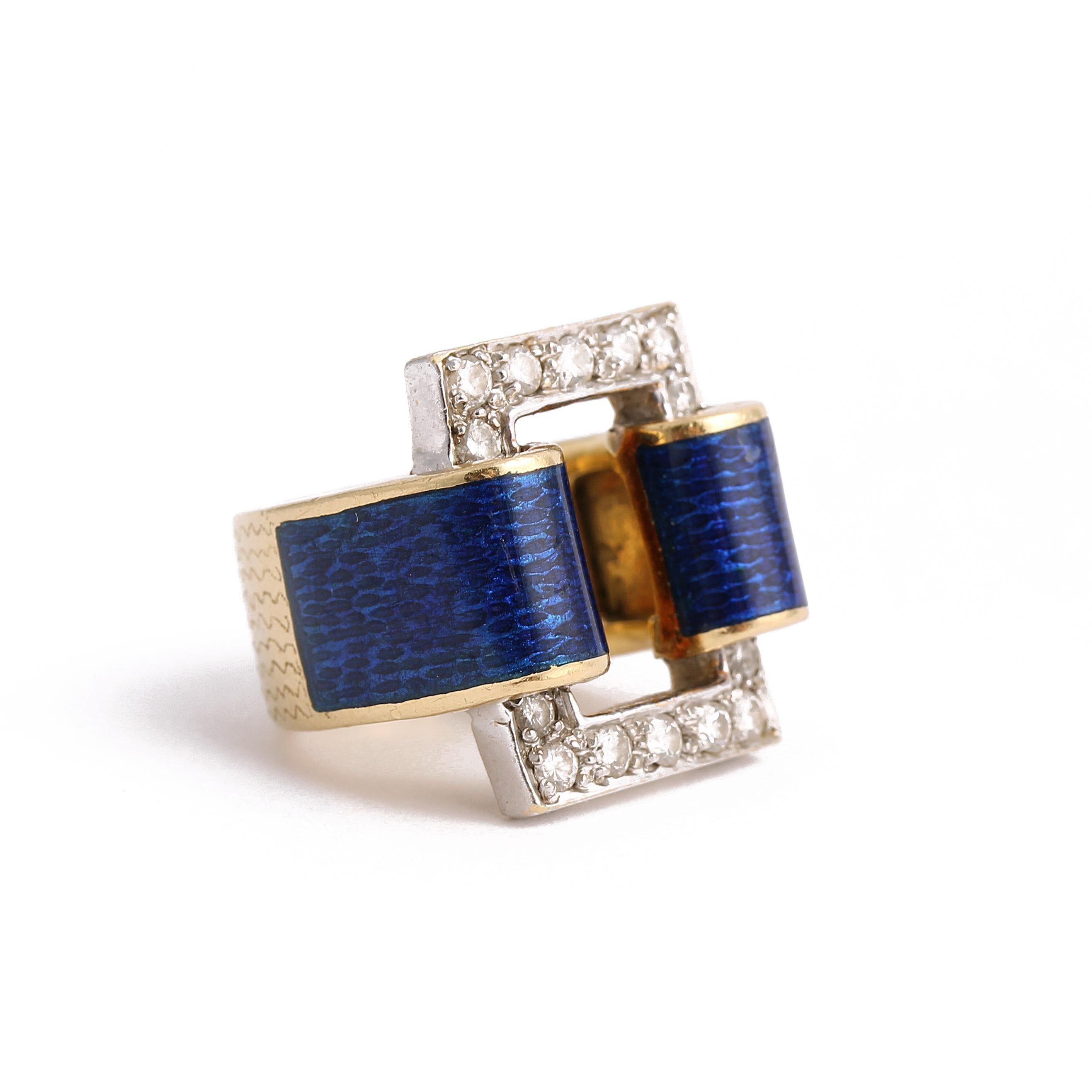 Round Cut Vintage Blue Enamel & Diamond 18k Gold Buckle Ring For Sale