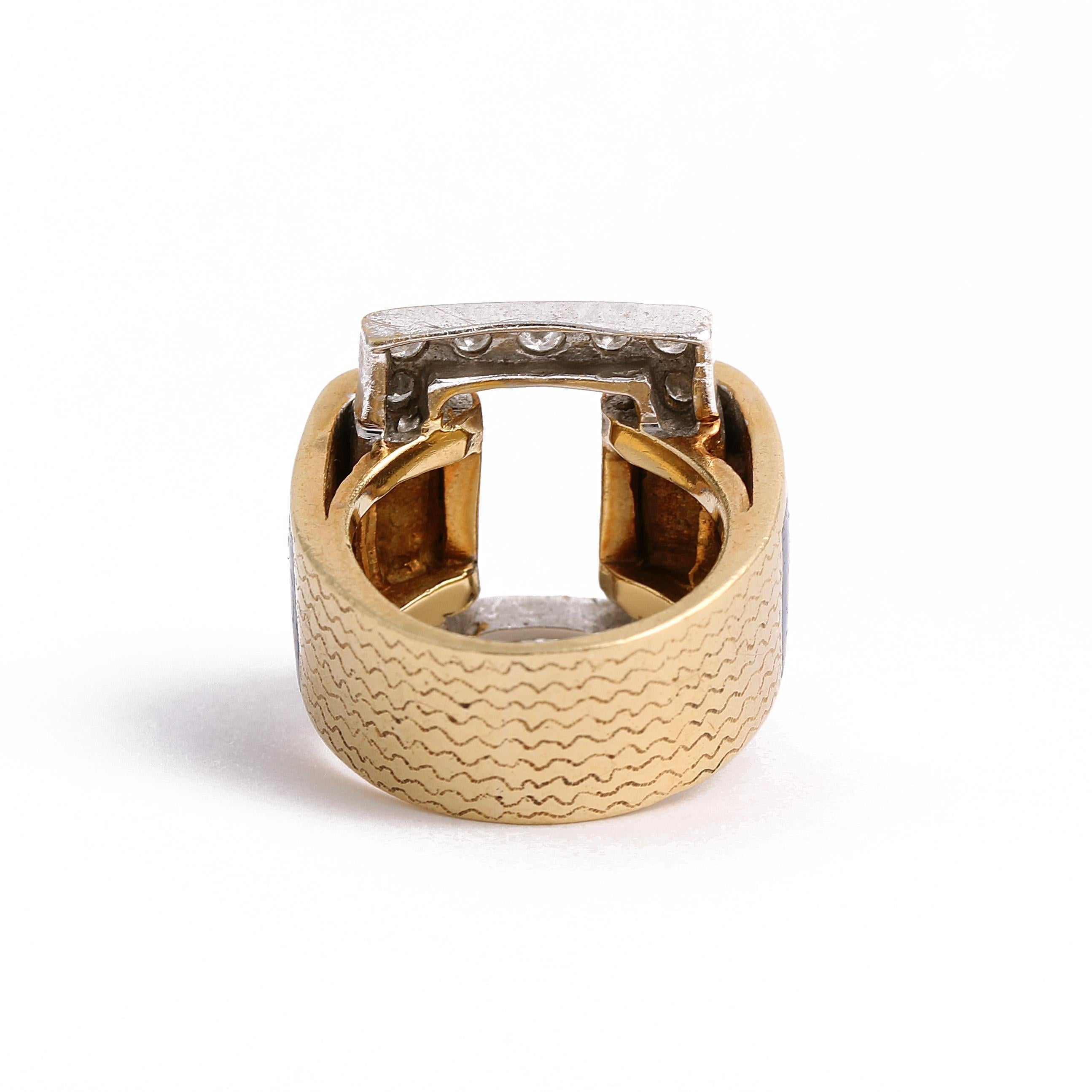 Vintage Blue Enamel & Diamond 18k Gold Buckle Ring In Good Condition For Sale In New York, NY