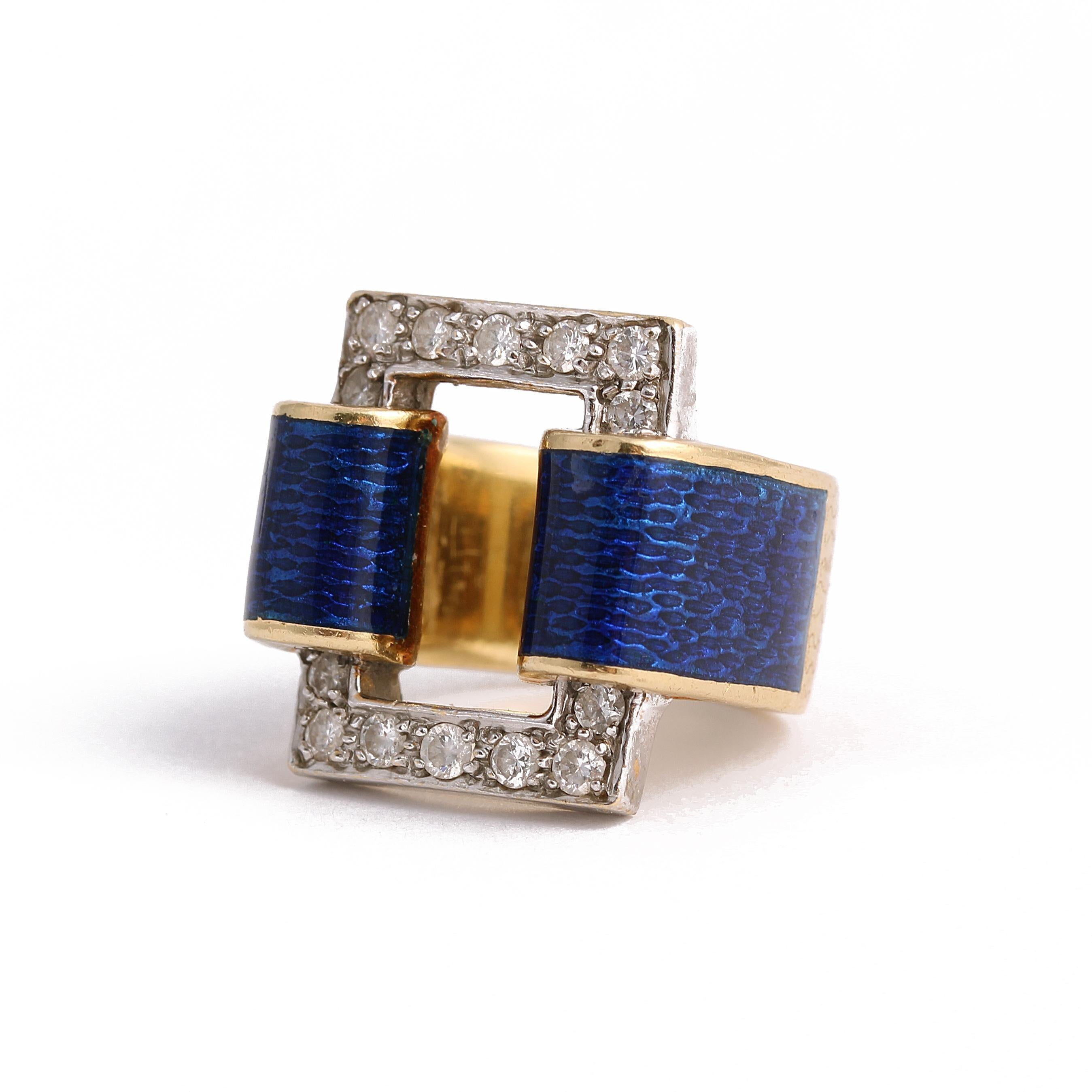 Women's or Men's Vintage Blue Enamel & Diamond 18k Gold Buckle Ring For Sale