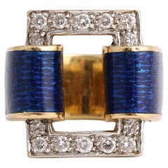 Vintage Blue Enamel & Diamond 18k Gold Buckle Ring