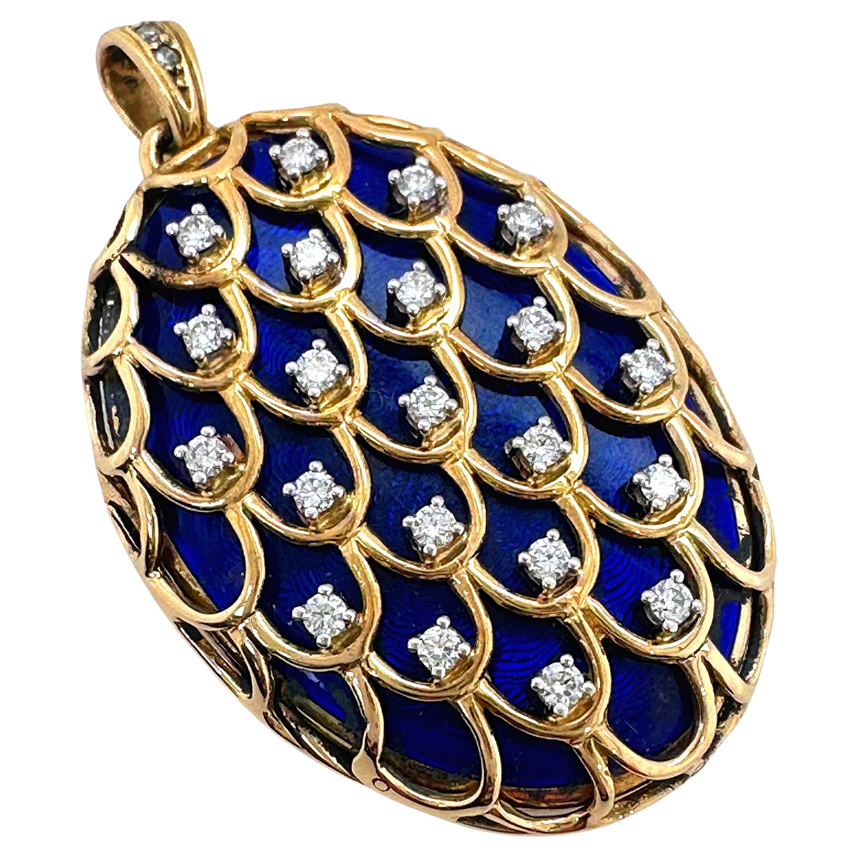 Vintage Blue Enamel & Diamonds Locket Pendant in 18 Karat Yellow Gold For Sale