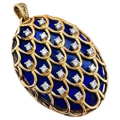 Vintage Blue Enamel & Diamonds Locket Pendant in 18 Karat Yellow Gold