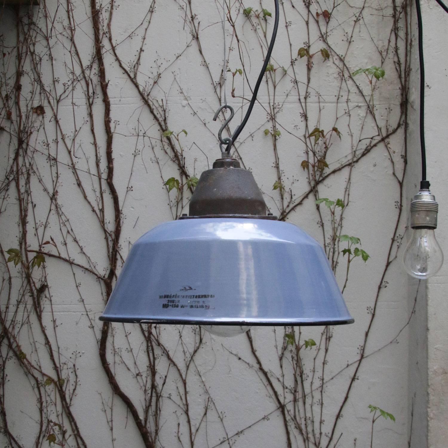 Blue Gray Enamel Vintage Industrial Clear Glass Cast Iron Pendants In Good Condition In Amsterdam, NL