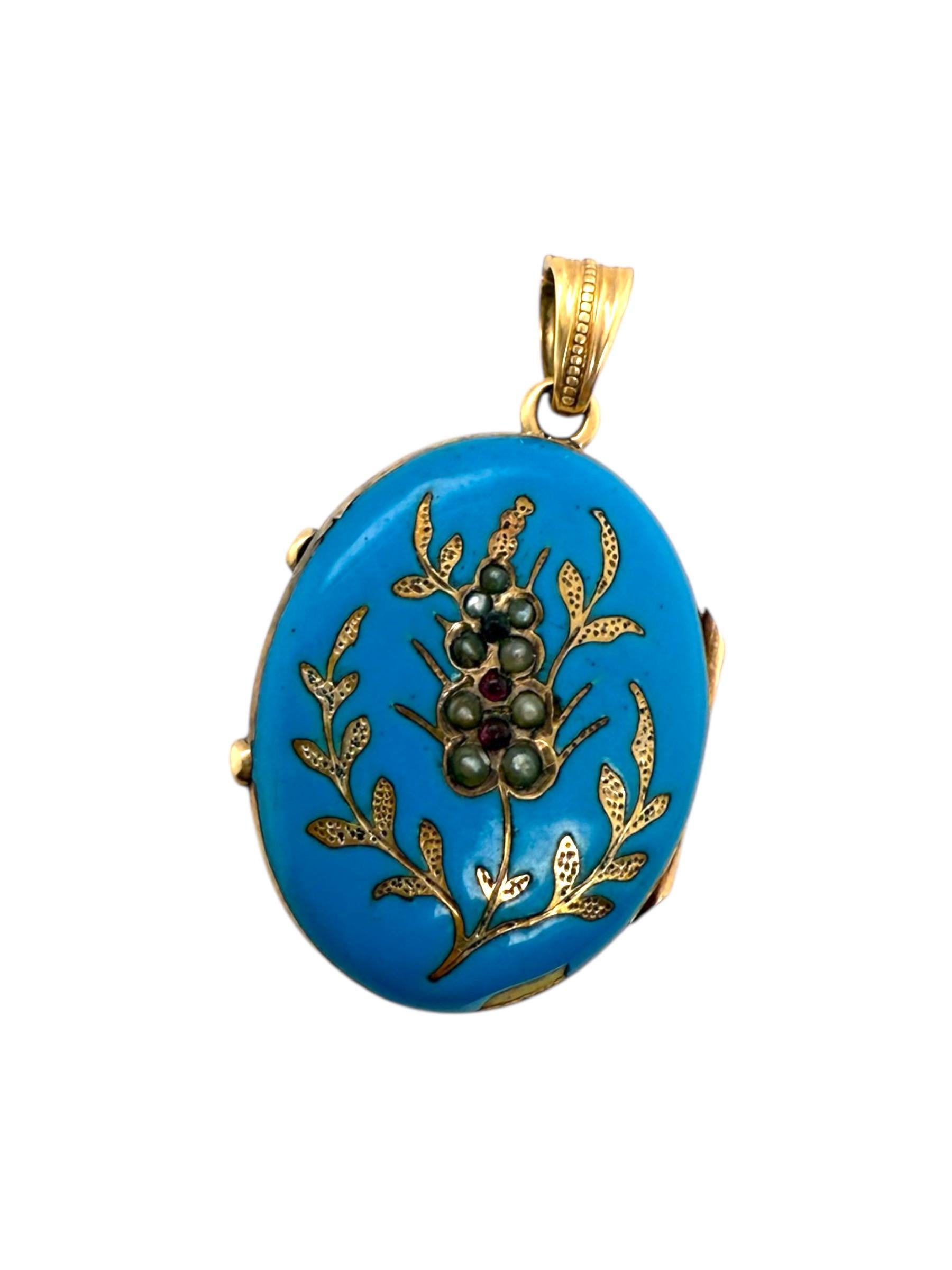 Victorien Pendentif médaillon vintage en émail bleu or 14K en vente