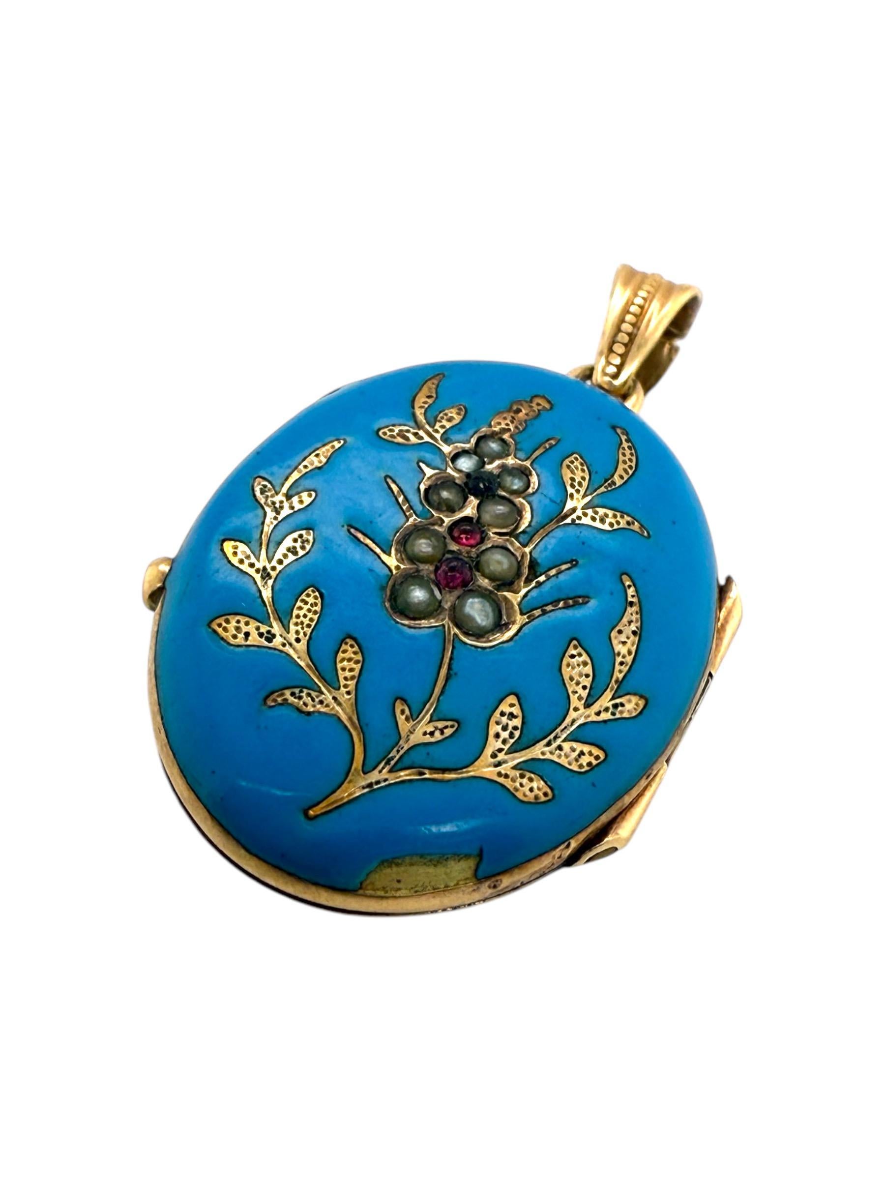 Pendentif médaillon vintage en émail bleu or 14K Bon état - En vente à Montgomery, AL