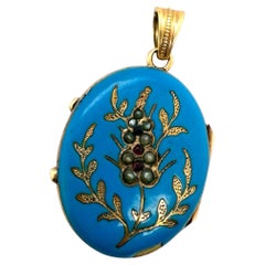 Colgante Relicario Vintage Esmalte Azul Oro 14K