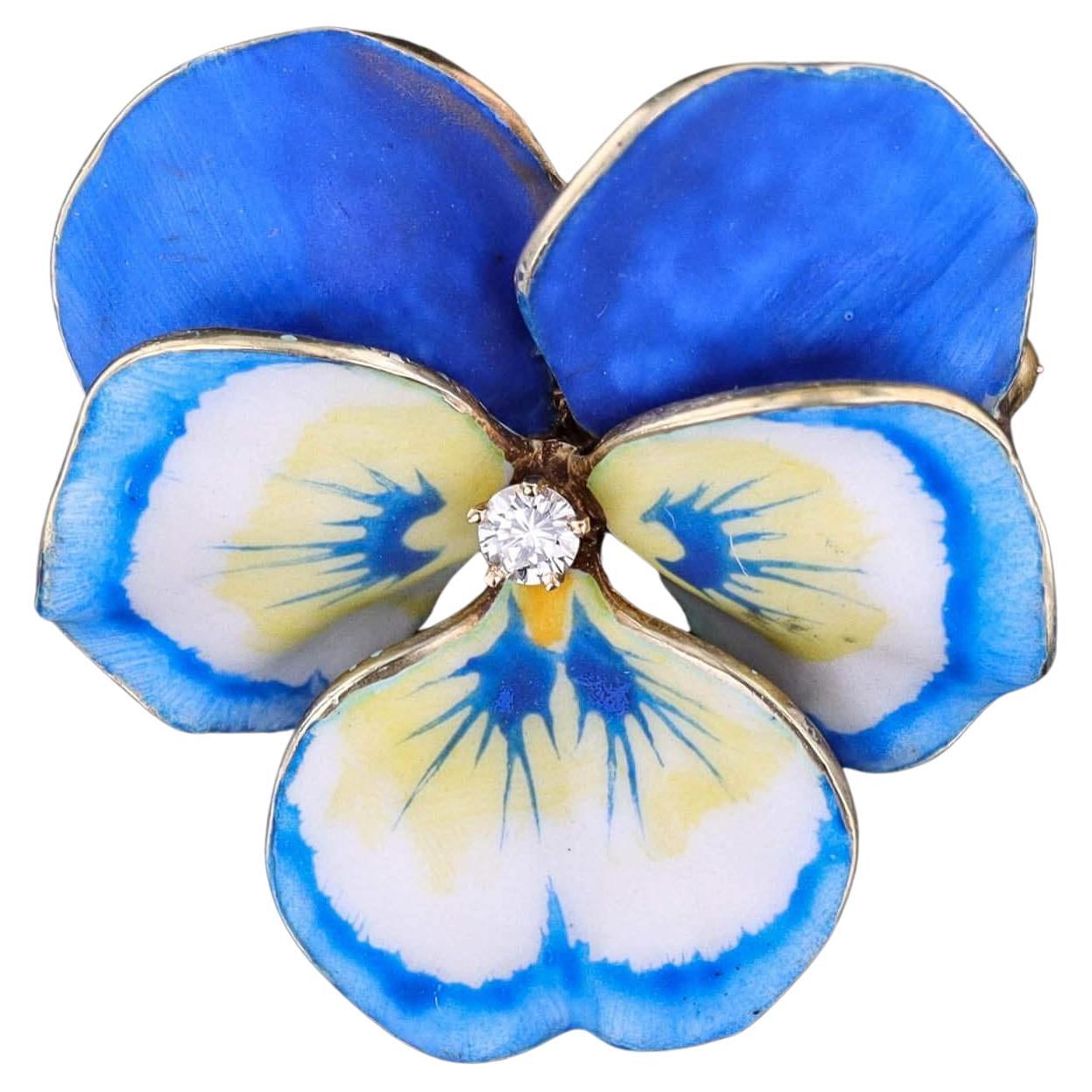 Vintage Blue Enamel Pansy Brooch of 14k Gold, Circa 1930