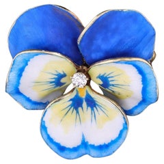 Vintage Blue Enamel Pansy Brooch of 14k Gold