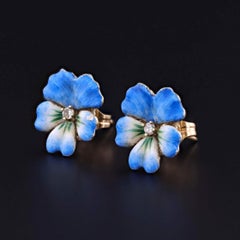 Vintage Blue Enamel Pansy Earrings of 14k Gold, Circa 1950
