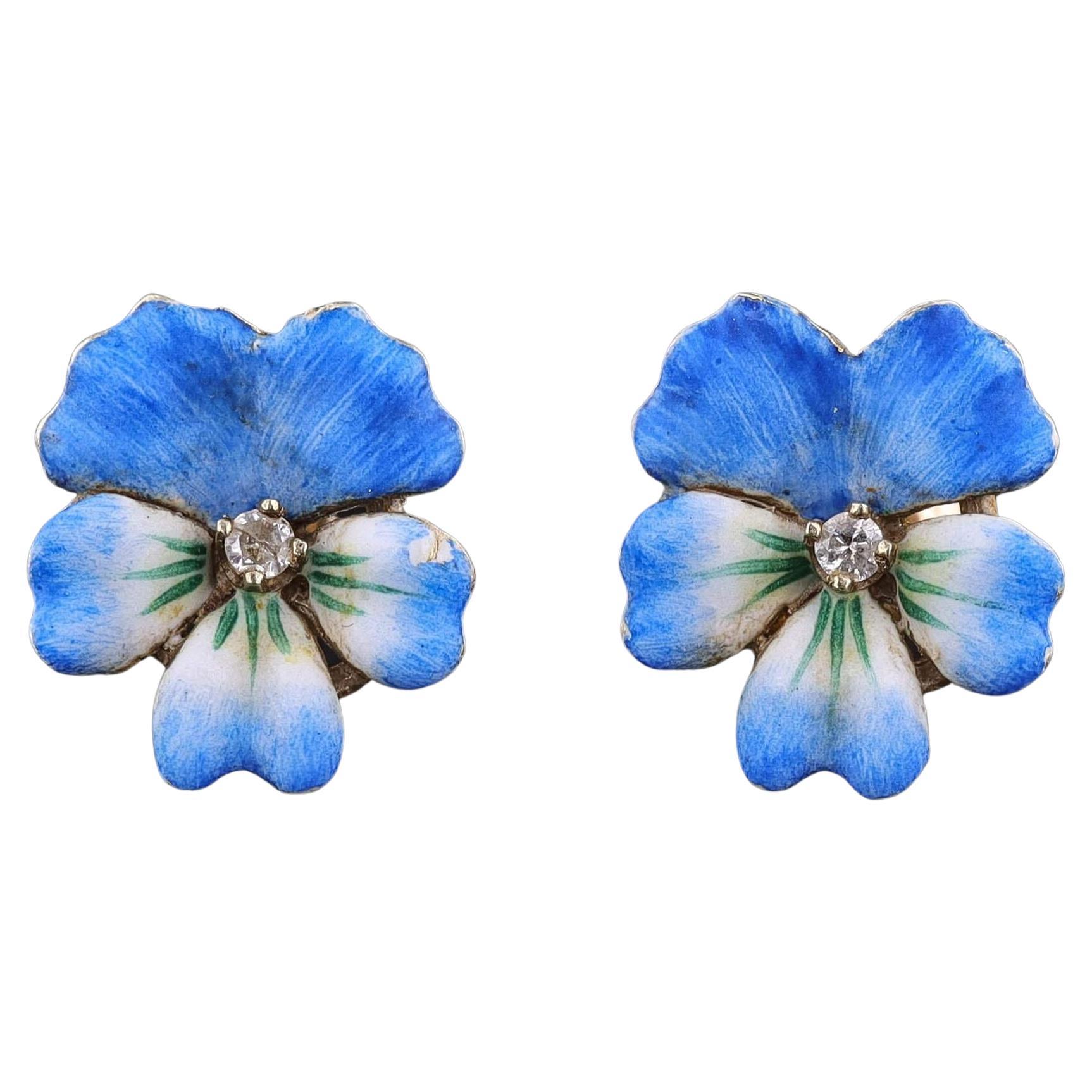 Orecchini a forma di viola del pensiero con smalto blu d
epoca in oro 14k