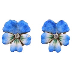 Vintage Blue Enamel Pansy Earrings of 14k Gold