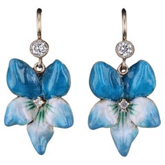 Boucles d'oreilles vintage en or 14 carats, émail bleu et violet