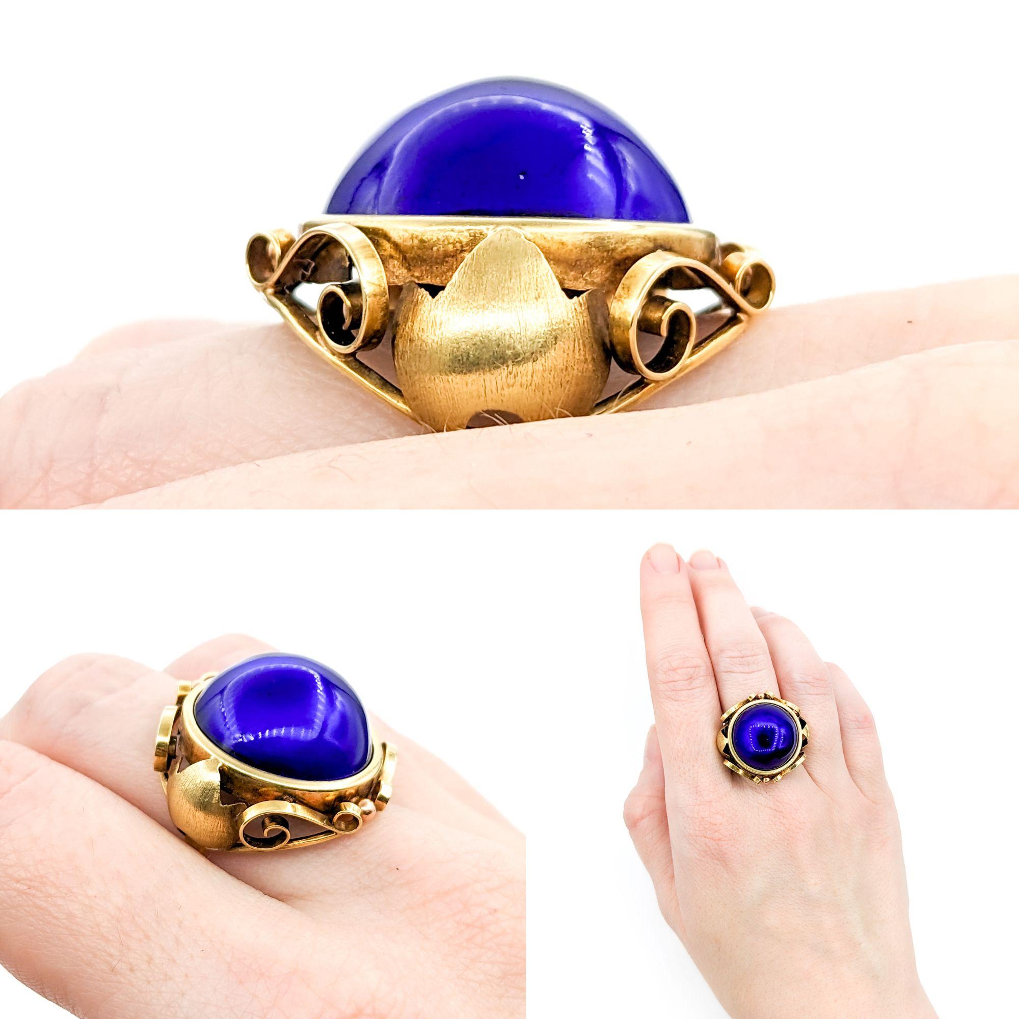 Retro Vintage Blue Enameled Dome Ring In Yellow Gold For Sale