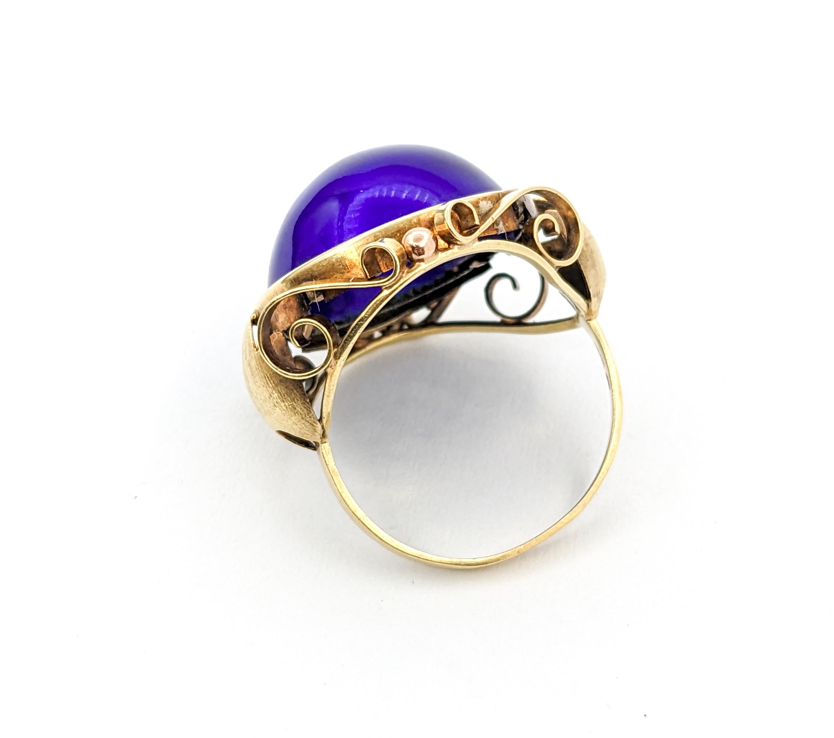 Women's Vintage Blue Enameled Dome Ring In Yellow Gold For Sale